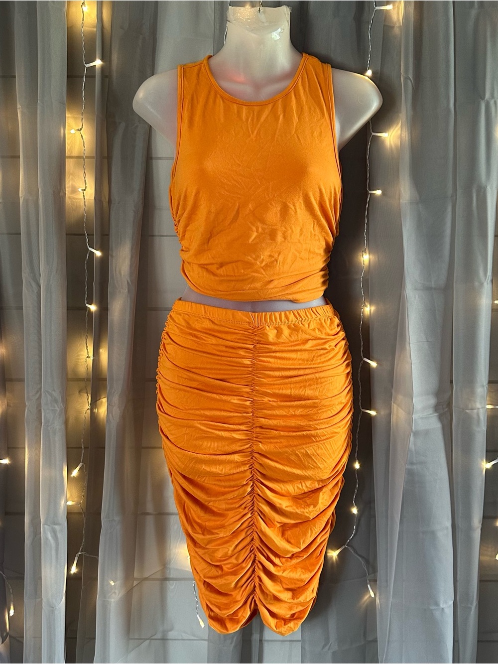 Almost famous bright orange scrunch bodycon skirt and matching shirt set Sz M